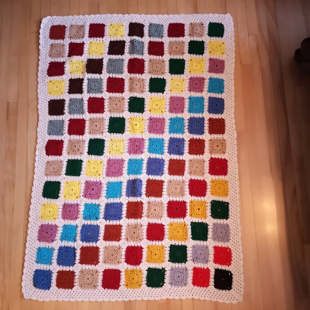 Handmade Crochet 43"x 63" Granny Square Multi Colored w/ Ivory Afghan / Throw